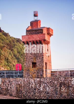 The Rhenish Tower on the quay at Lynmouth, Devon, UK. This tower was built in the 19th Century, modelled on watchtowers on the Rhine, as a salt water  Stock Photo