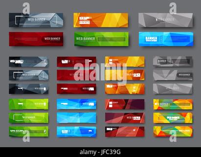 Set of horizontal web banners with multicolored polygonal abstract background. A template with a button and various geometric shapes for text, Stock Vector
