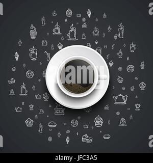 cup of black coffee stands on a black background with white hand  drawings from the of food, desserts and drinks. Banner template, top view. Vector il Stock Vector