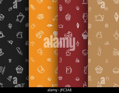 Set of backgrounds of black, orange, red and brown colors with hand drawings. Glasses, food, desserts and ice cream. Stock Vector