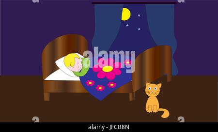 Sleeping boy in bed. Stock Vector