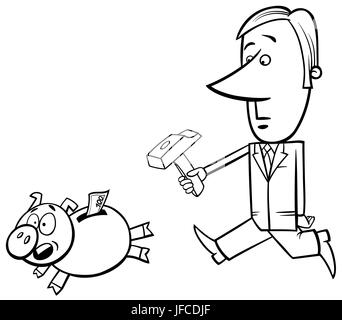 Cartoon illustration of man with hammer and piggy bank Stock Photo - Alamy