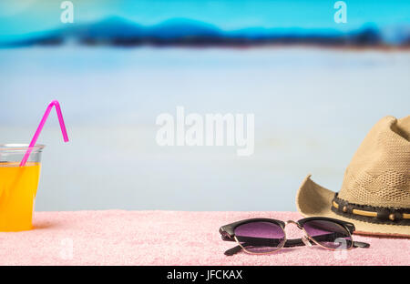 Paradise holiday background with yellow cocktail on sunglasses on beach. Perfect for summer sales and offer campaign promotion. Stock Photo