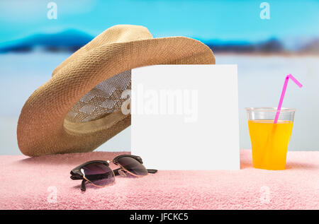 Summer sale or offer background for advertising. White square paper card on towel with sunglasses and yellow cocktail drink. Stock Photo