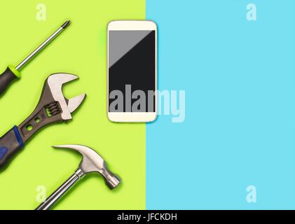 Mobile phone repair background or layout for smartphone fixing company. Banner with a lot of free blank copy space for text and content. Stock Photo