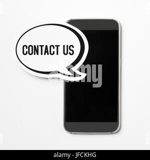 Contact us text in a speech bubble with a smartphone. Speech balloon cut from cardboard. Information button, icon or banner for website, social media Stock Photo