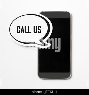 Call us text in a speech bubble with a smartphone. Speech balloon cut from cardboard. Customer care button, icon or banner for website, social media Stock Photo