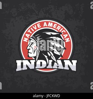 Round American Indian logo on dark grunge background. Tee print design Stock Vector