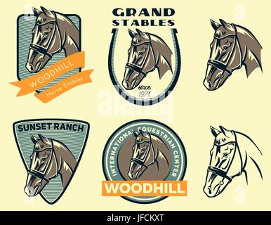 Set of horse eqestrian center logo, badges and emblems isolated on white background. Horse stables or horse ranch design elements. Stock Vector