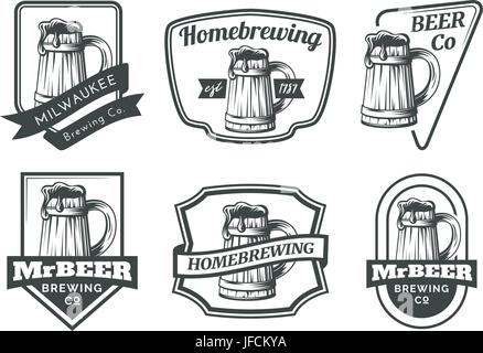 Set of beer mug emblems, badges and logo. Vector illustration on white background. Stock Vector