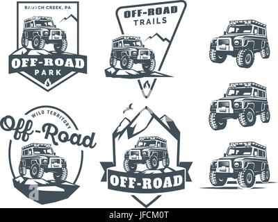 Set of off-road suv car monochrome logo, emblems and badges isolated on white background. Rock crawler car in mountains. Off-roading trip emblems, 4x4 Stock Vector