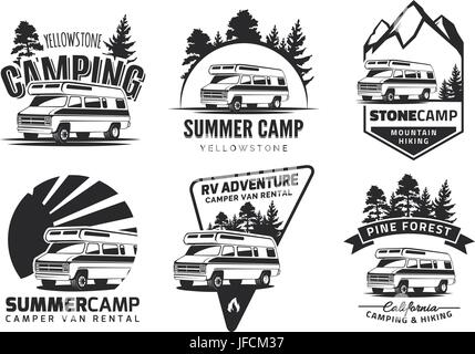 Camper van logo, emblems and badges. Recreational vehicle illustration ...