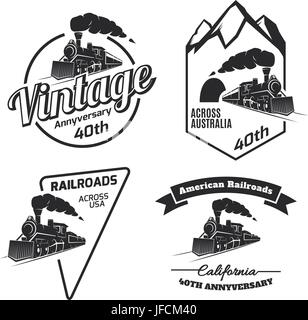 Set of retro train logo, emblems and icons isolated on white background. Vintage locomotive label collection. Railroad labels. Stock Vector