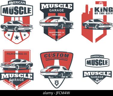 Set of classic muscle car logo, emblems, badges and icons isolated on white background. Service car repair, car restoration and car club design elemen Stock Vector