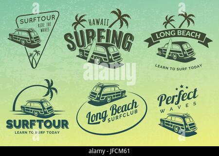 Set of vintage surfing car labels, badges and emblems. Old school car with surfboard. Vector logo. Stock Vector