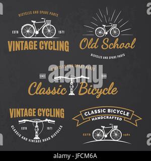 Set of vintage road bicycle labels, emblems, badges or logos on grunge black background. Handcrafted bicycle repair, service and classic bicycle club  Stock Vector