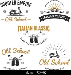 Set of classic scooter emblems, icons and badges. Urban, street scooter illustrations and graphics. Isolated scooter front and side view. Stock Vector