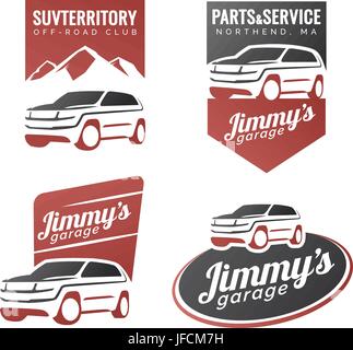 Set of suv car labels, emblems, badges or logos isolated on white background. Off-road suv adventure emblems, car club design elements. Isolated moder Stock Vector