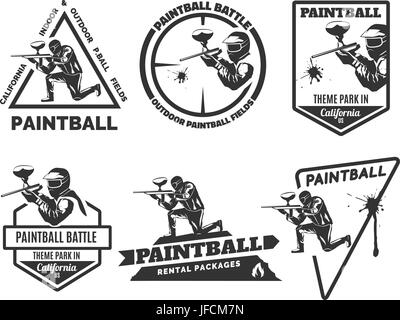 Set of monochrome paintball logos, emblems and icons. Indoor and outdoor paintball club elements. Man with gun and musk. Paintball rental equipment. Stock Vector