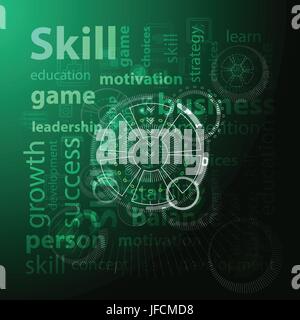 Skill and skills concept. Vector illustration for your design. Text on a green background with techno circles. Stock Vector