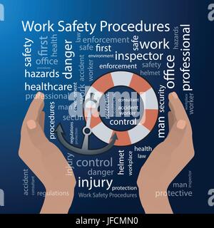 Work Safety Procedures concept. Vector illustration for your design. Text on a blue background. Hands are holding the lifebuoy and the sea anchor Stock Vector