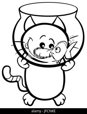 cat and fish coloring page Stock Photo