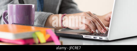 Close up view of businesswoman, designer or student hands working on laptop. Online distant education, writing blog, freelance, mobile payments, worki Stock Photo