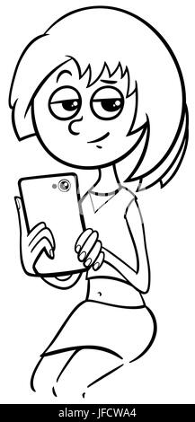 girl with phone coloring page Stock Photo