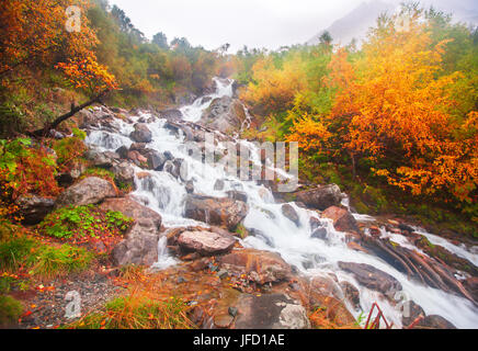 beautiful cascade waterfall in autumn forest Stock Photo