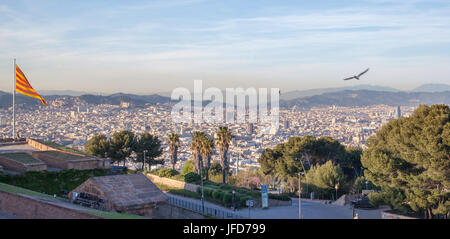 Aerial view of Barcelona city with flag Stock Photo