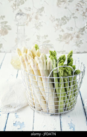 Green and White Asparagus in Basket Stock Photo