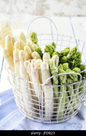 White and Green Asparagus in Basket Stock Photo