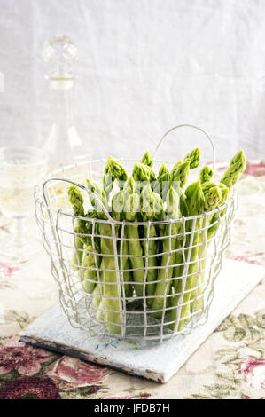 Green Asparagus in Basket Stock Photo