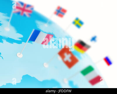 3d illustration. France flag in focus. European continent marked with countries flags. European Union concept. Isolated white background