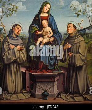 Madonna and Child with St Francis of Assisi and St Anthony of Padua 1500 Francesco Francia - Francesco Raibolini 1447 –1517 was an Italian painter  Bologna Italy Stock Photo