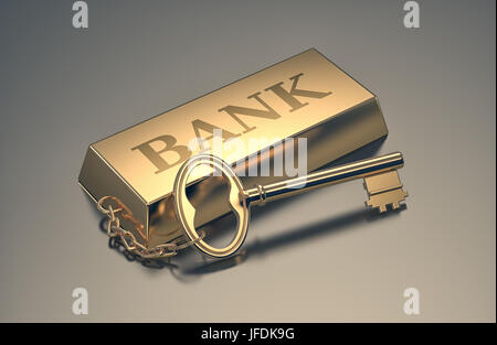 one gold bar keyring with text: bank, concept of wealth (3d render) Stock Photo
