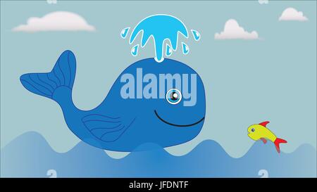 A large blue whale and a small fish float in the sea. Stock Vector