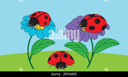 Two ladybugs sit on flowers and one ladybird crawls on the groun Stock Vector