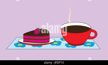 A cup with a hot cocoa drink and a saucer with a cake. Stock Vector