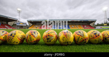 A general view of Mitre footballs on the pitch at McDiarmid Park Stock Photo