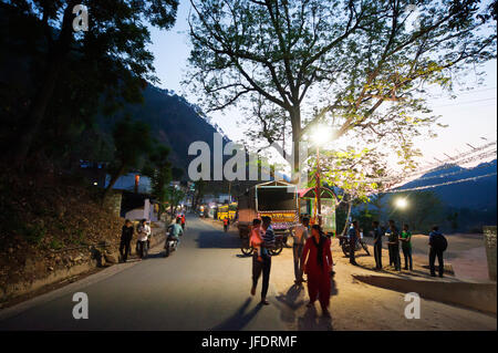 Street view in Rudraprayag town at dusk. Jim Corbett came to this town when after the famous maneating leopard of Rudraprayag, Uttarakhand, India Stock Photo