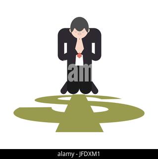 Prayer for money. Businessman is praying on his knees to dollar. Stock Vector