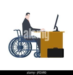 Disabled at work. manager on wheelchair at table. Equal rights for people with disabilities Stock Vector