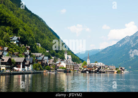View of famous Hallstatt Lakeside Town in the Alps Stock Photo