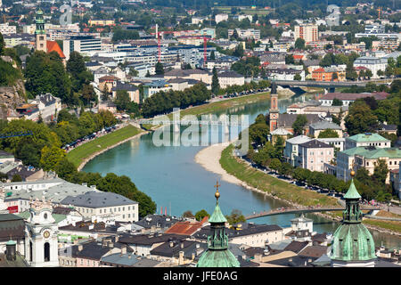 Top view of the Salzach river and the center of Salzburg, Austria, from the walls of the fortress Stock Photo