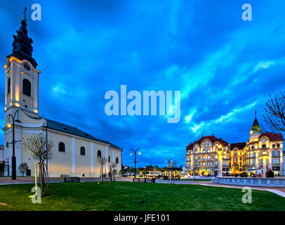 Union square (Piata Unirii) seen at the blue hour in Oradea, Romania Stock Photo