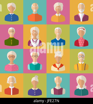 Illustration Old People of Faces of Women and Men of Grey-headed. Heads of Pensioners. Avatars. Flat Icons - Stock Photo