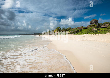 Tropical mexican beach landscape panorama and caribbean sea with clear ...