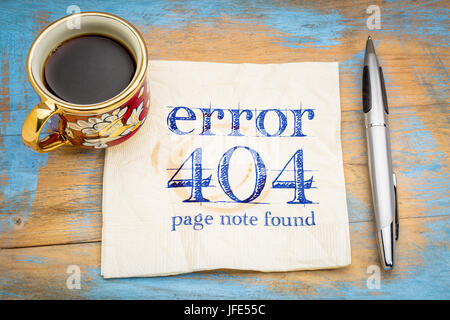 error 404 - web page not found sign -handwriting on a napkin with a cup of coffee Stock Photo