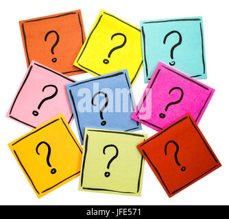 question mark abstract - handwriting in black ink on isolated sticky notes Stock Photo